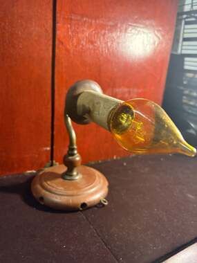 Vintage Turned Wood and Brass Electric Wall Sconce Lamp with Amber Flame Bulb